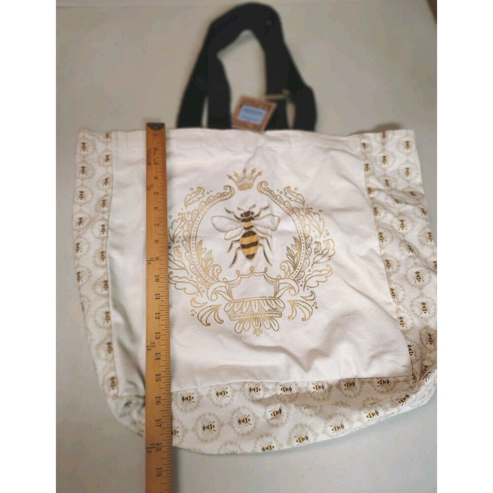NWT Begonia Market Queen Bee Canvas Tote Bag Gold Metallic Honeycomb Reusable - Picture 5 of 12